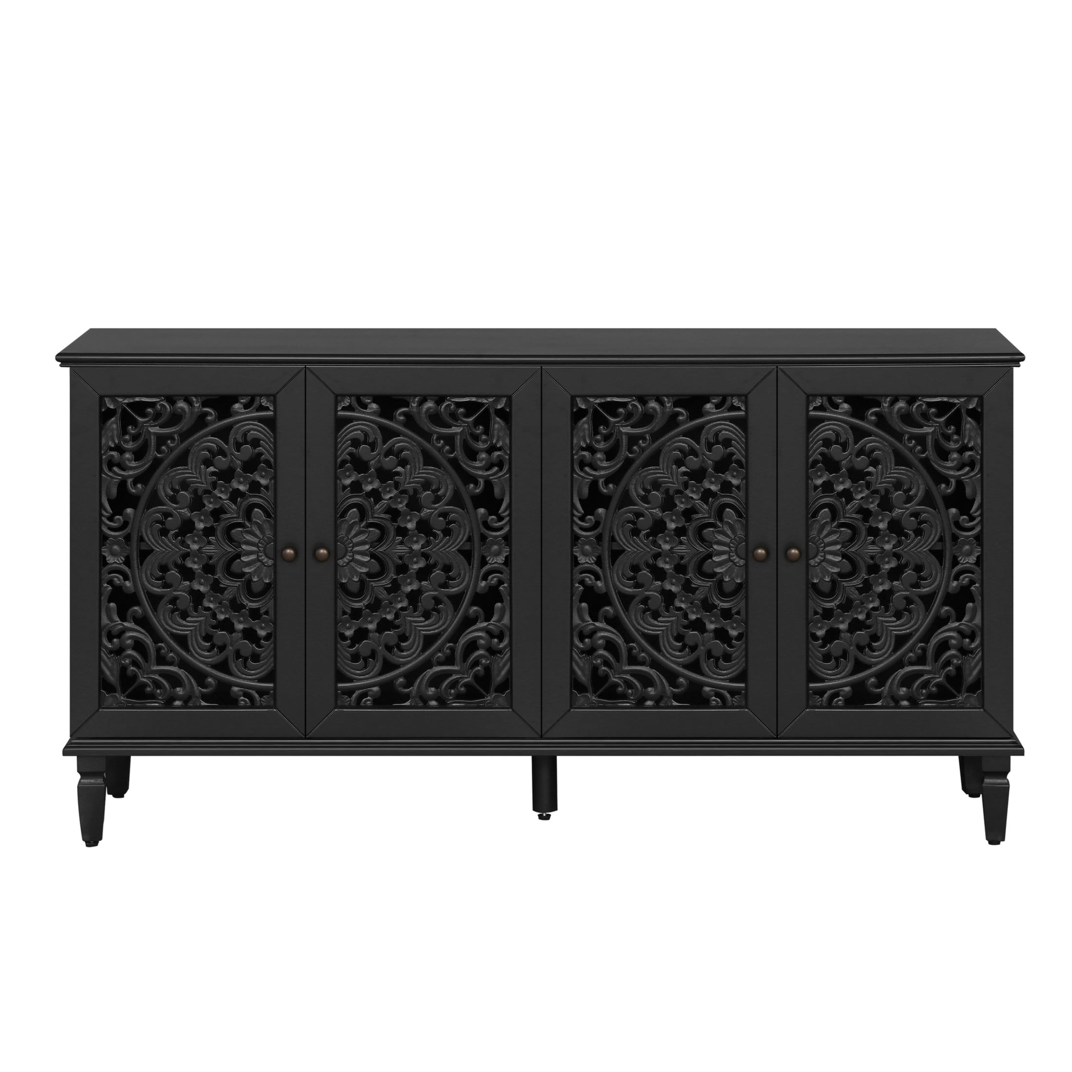 Noble House Sideboard Buffet Cabinet with Floral Carvings, Adjustable Shelves, Solid Wood Legs, and Brass Handles, Vintage Style Storage, Black