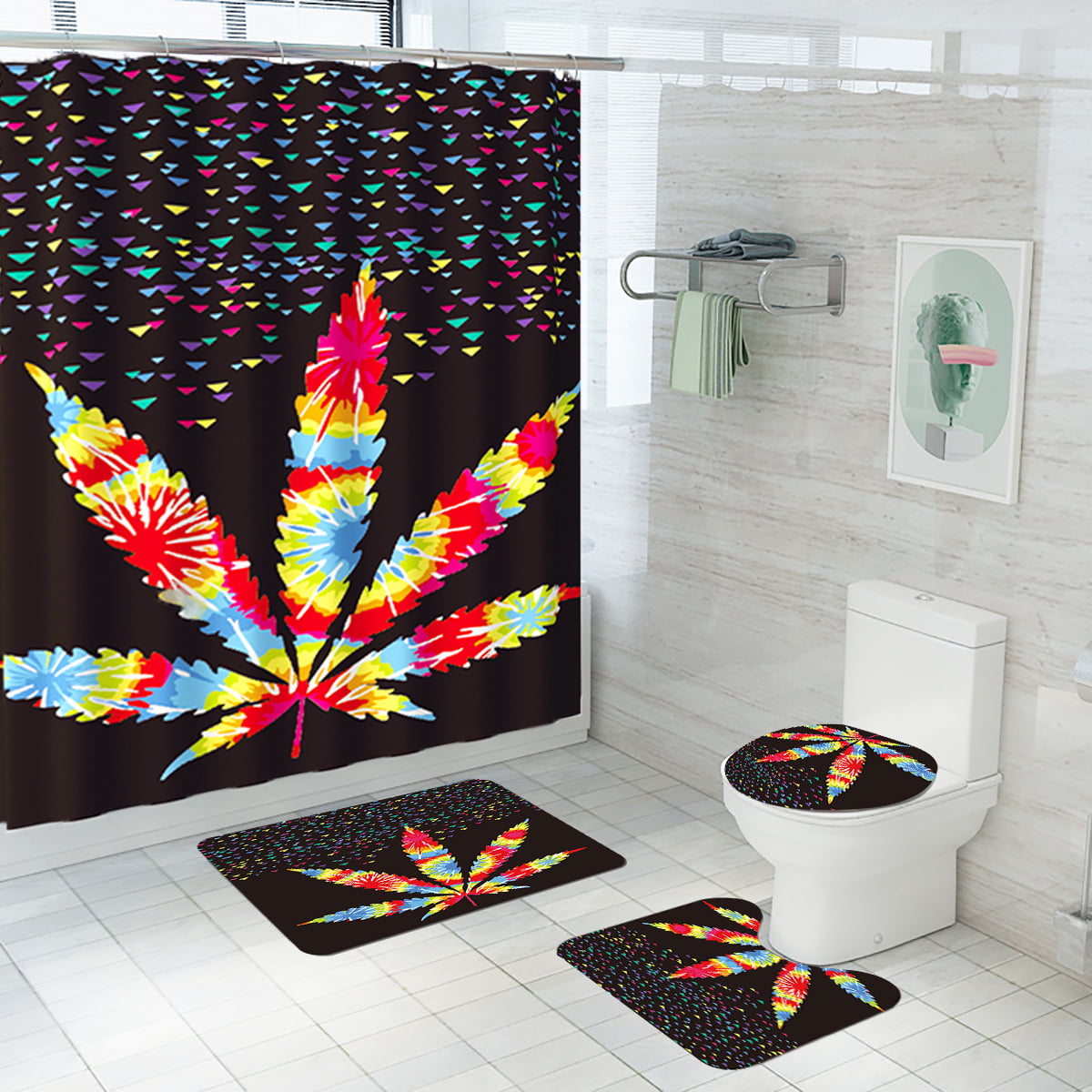 4Pcs Green Feather Shower Curtain Set with Non-Slip Rugs Toilet Lid Cover Mats 