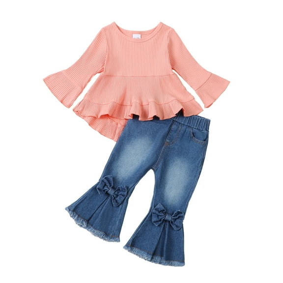 18 Months Baby Girls Outfits 24 Months Girls Pant Sets Toddler Girls Long Sleeve Solid Color Top Denim Bell-bottomed Pants 2PCS Set Pink