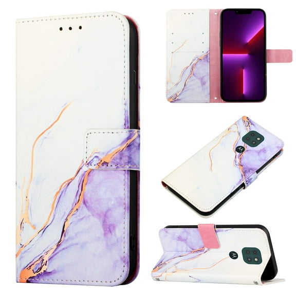 Allytech Moto G9 Play Case Wallet,Stylish Marble Folding Kickstand Full Body Protection Shockproof Cards Pocket Wrist Strap Wallet Cover for Motorola Moto G9 Play - White Purple
