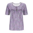 thumbnail image 6 of Plus Size Tops for Women Flowy Pleated Short Sleeve Crew Neck Button up Shirt Loose Floral Printed Blouses (XXXL, Purple), 6 of 6