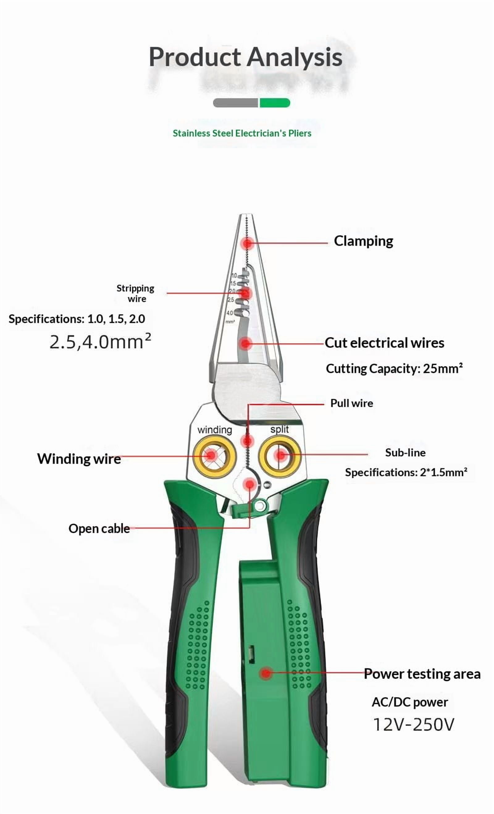 8 in 1 Wire Stripper with Voltage Tester, Upgrade Wire Strippers , Multi-function Electric Wire Stripping Tool for Cutting and Pulling Pliers, Electrician Repair Tool (Green)