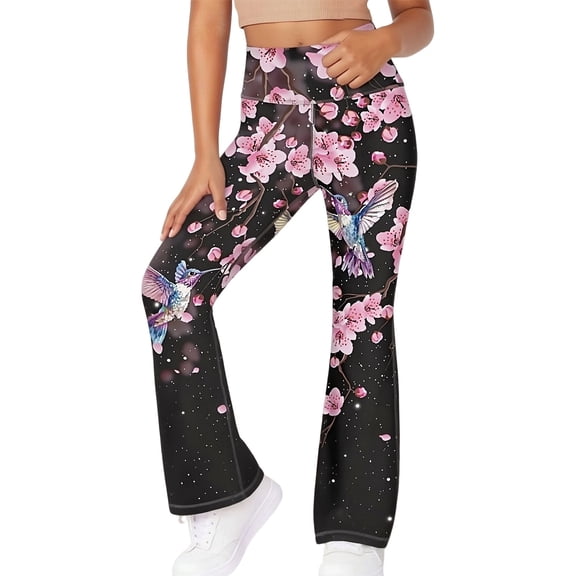 LPKRT Girls Stretch Yoga Pants High Waist Floral Print Flared Leggings Casual Workout Fashion Trousers Black 3-4 Years