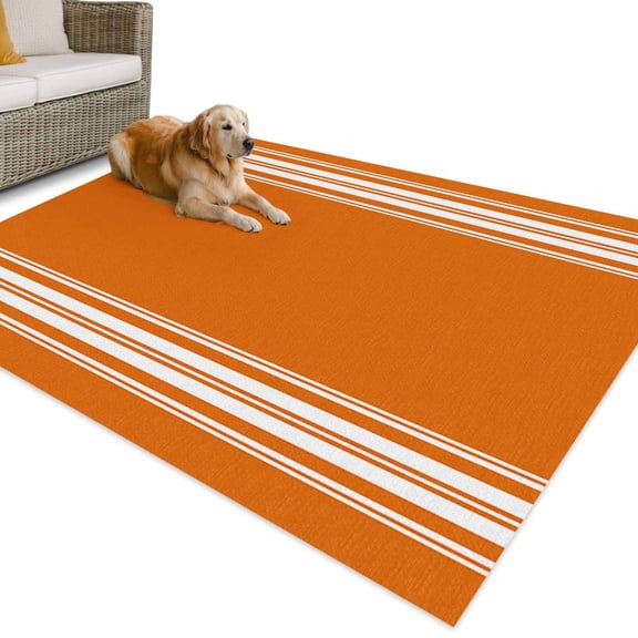 Outdoor Rug 5x8 ft Orange Fall Thanksgiving Waterproof Outdoor Patio Rug Mat Non Slip Outside Area Rugs Carpet for RV,Camping,Porch,Deck,Pool,Balconybackyard,Farmhouse White Striped