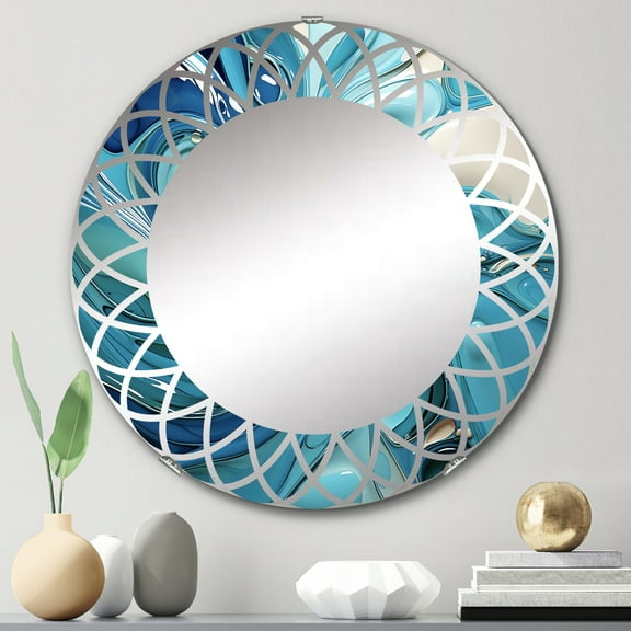 Designart "Grinding in Blue Fluid II" Abstract Marble Round Wall Mirror - Abstract Oval Mirror