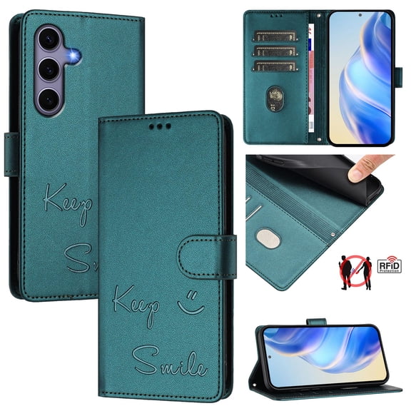 Crossbody Wallet Case for Samsung Galaxy S24, Smile Pattern PU Leather Phone Case with Kickstand RFID Blocking Card Slots, Magnetic Closure Folio Cover with Wrist Strap Lanyard, Darkgreen