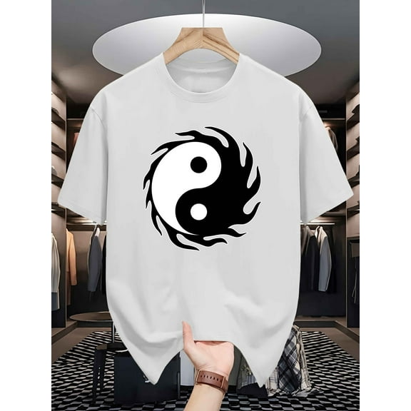 Men'S Taiji Yin Yang Pattern T-shirt Fiber Casual round Neck Short Sleeves Black and White Design Summer Top Breathable, Comfortable Fit Suitable for Daily Wear