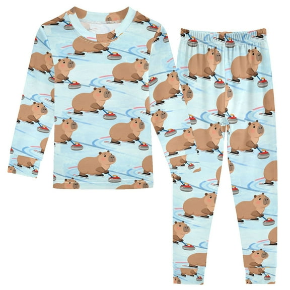 joogoo Cute Capybara Skiing 2 Piece Long Sleeve Tee and Pants Cotton Pajama Set 5Y