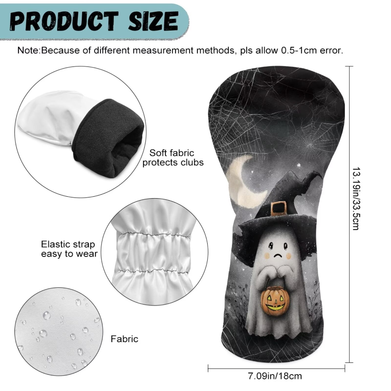 Uorisanigo Golf Club Head Covers 3-Pack Halloween Ghost Headcovers PU Leather Driver Headcover, Golf Hybrid Headcover, Fairway Wood Head Cover, Waterproof & Double Elastic Band