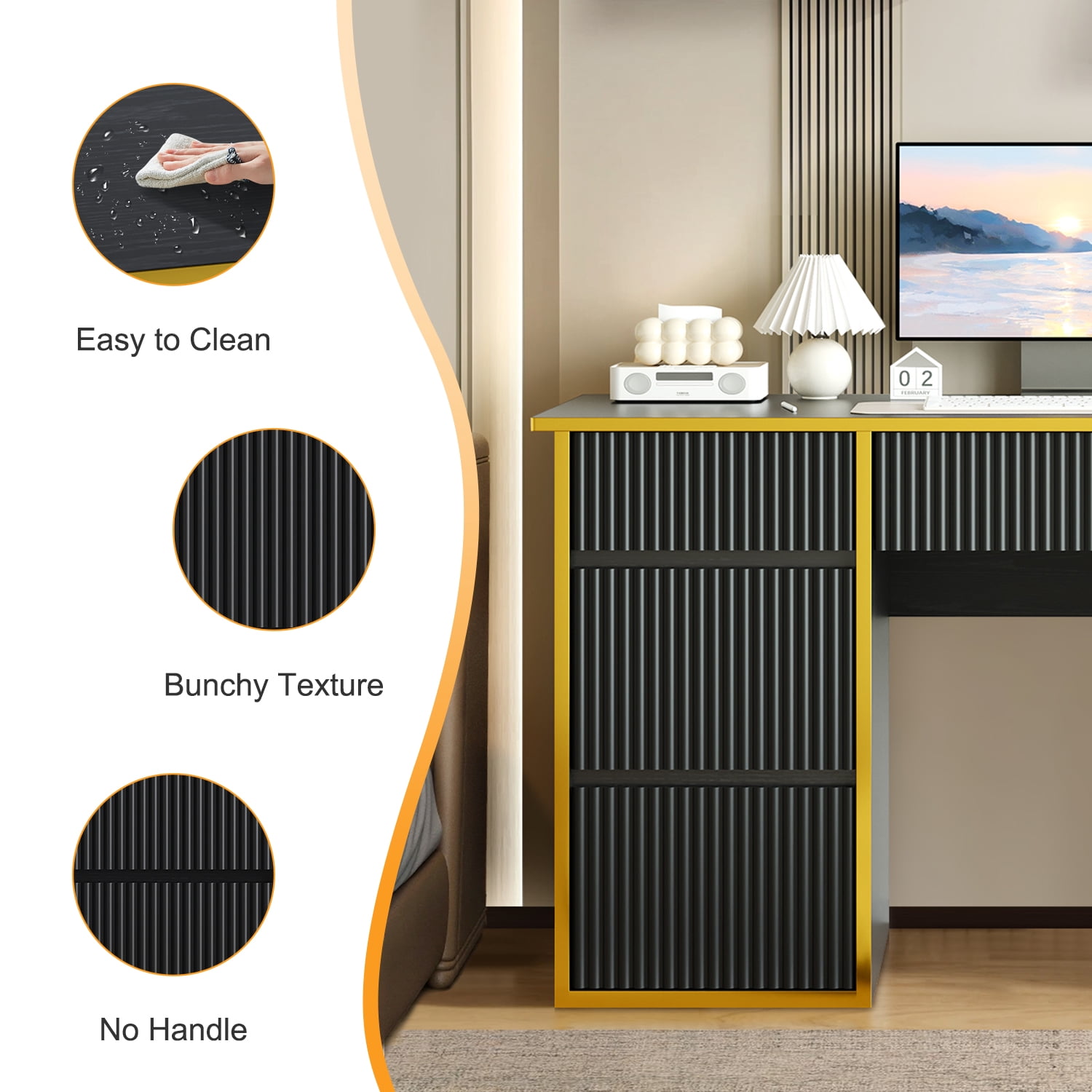 DreamCurship Computer Desk with 4 Storage Drawers, Home Office Desk with Storage, Writing Desk for Study, Modern Writing Table, Black and Gold Desk