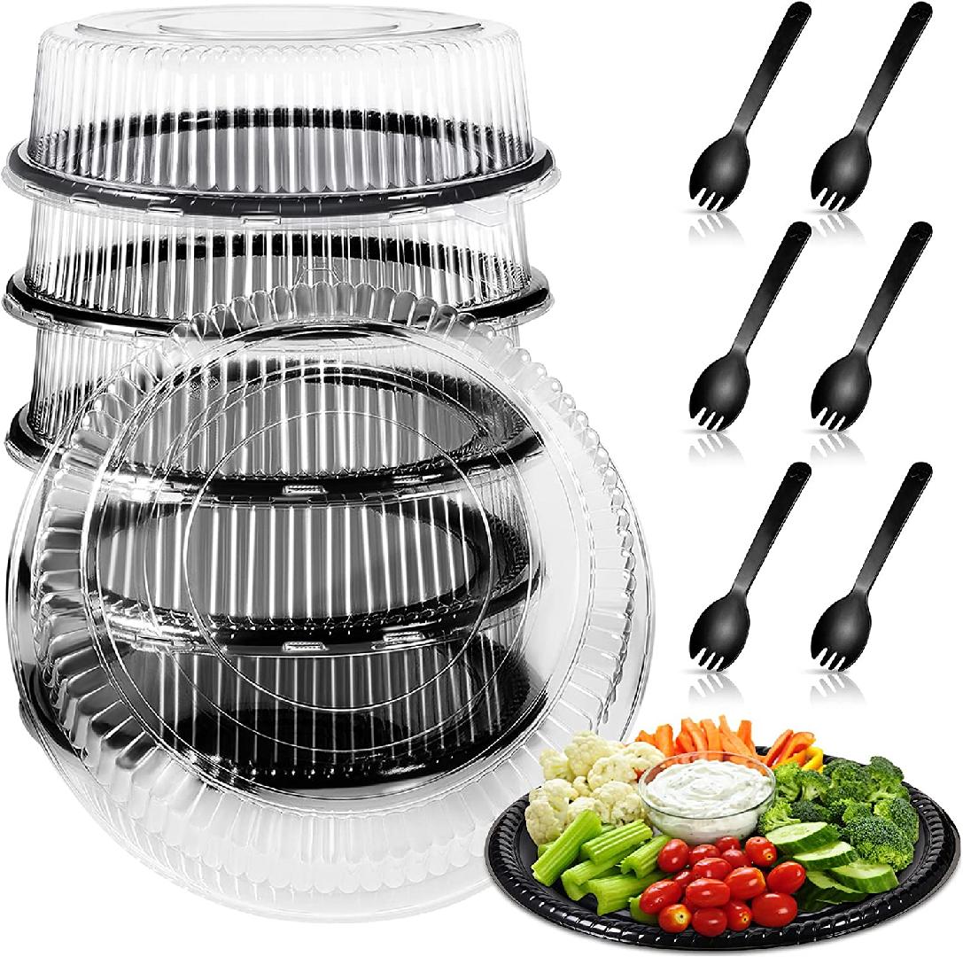 6 Pack 12 Inch Heavy Duty Serving Tray with Clear Lid and Sporks, Large
