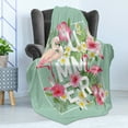 thumbnail image 4 of Floral Soft Flannel Fleece Throw Blanket, Tropical Flower with Flamingos Retro Wedding Romance Petals Graphic Artwork, Cozy Plush for Indoor and Outdoor Use, 60" x 80", Mint Green Pink, by Ambesonne, 4 of 5