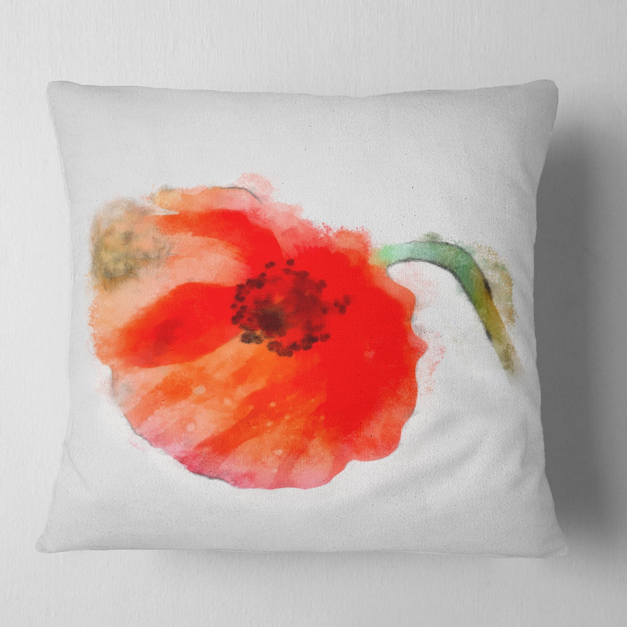 Designart Large Red Poppy on White Back - Flower Throw Pillow - 18x18