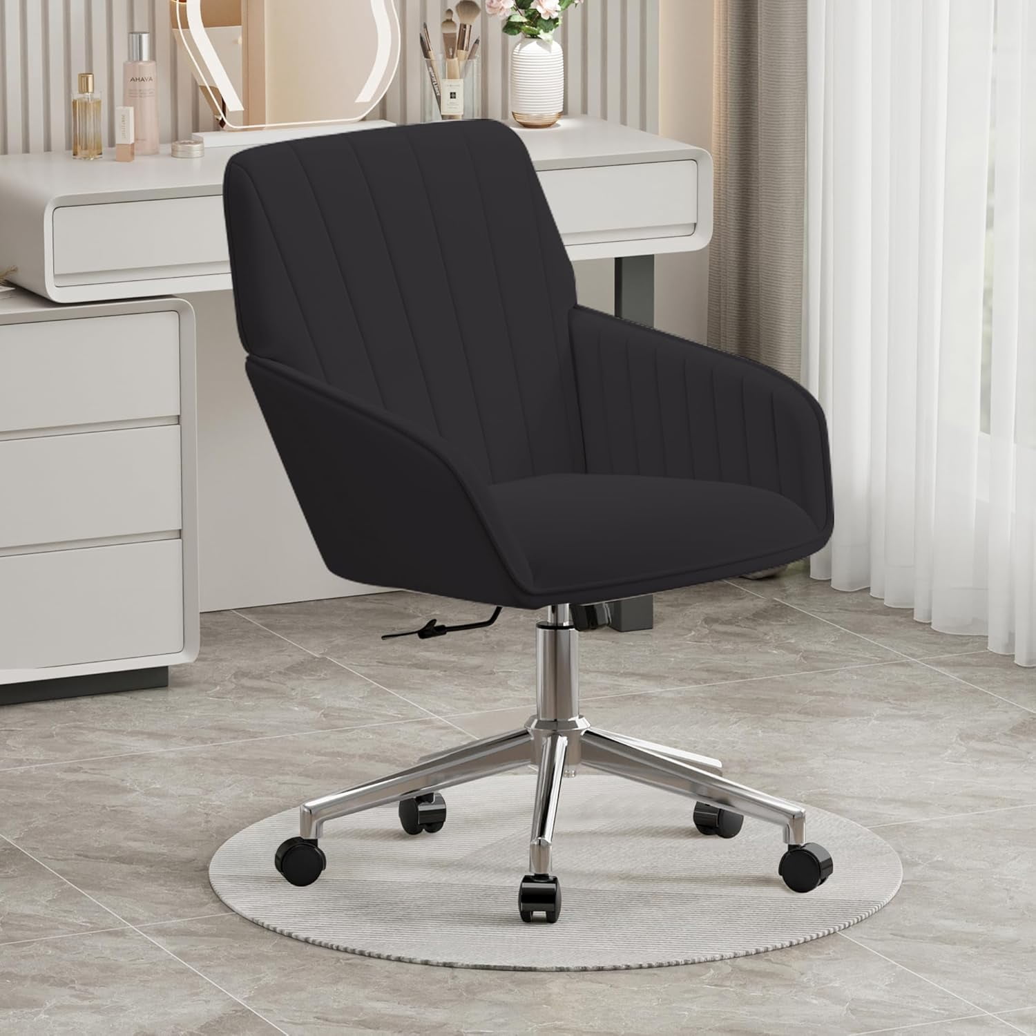 YWEN Velvet Office Desk Chair with Silver Base, with Wheels,Modern Height Adjustable 360 Degree Swivel Upholstered Vanity Chairs with Arms for Living Room Bedroom,Black