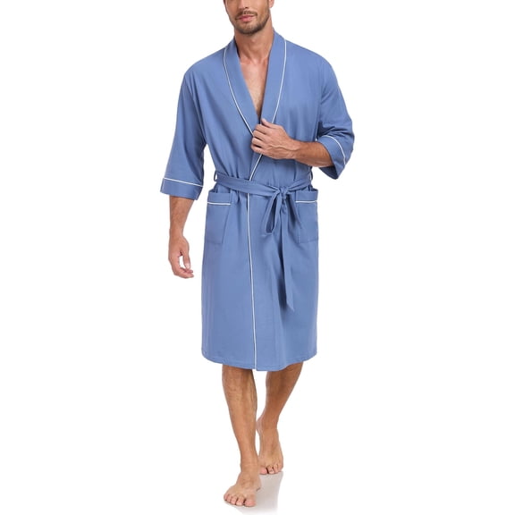 ANLIQI Mens 100% Cotton Short Robes Summer Lightweight Kimono Bathrobe Soft Knee Length Robe with Pockets (Blue, L)