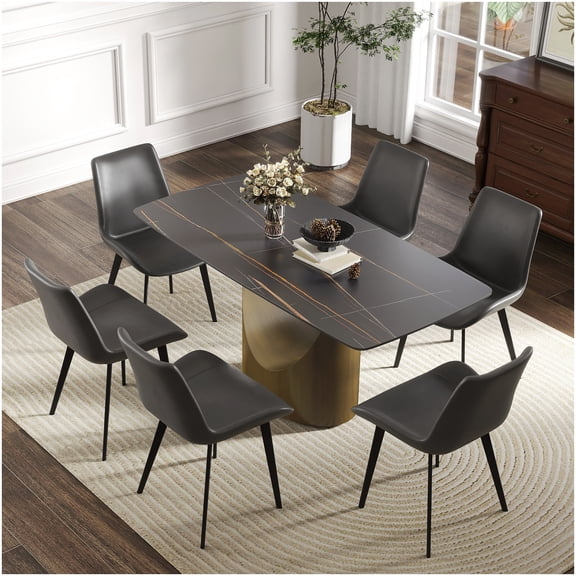 Contemporary Black Sintered Stone Dining Table with Bronze Arch Base, 63 Inch Length