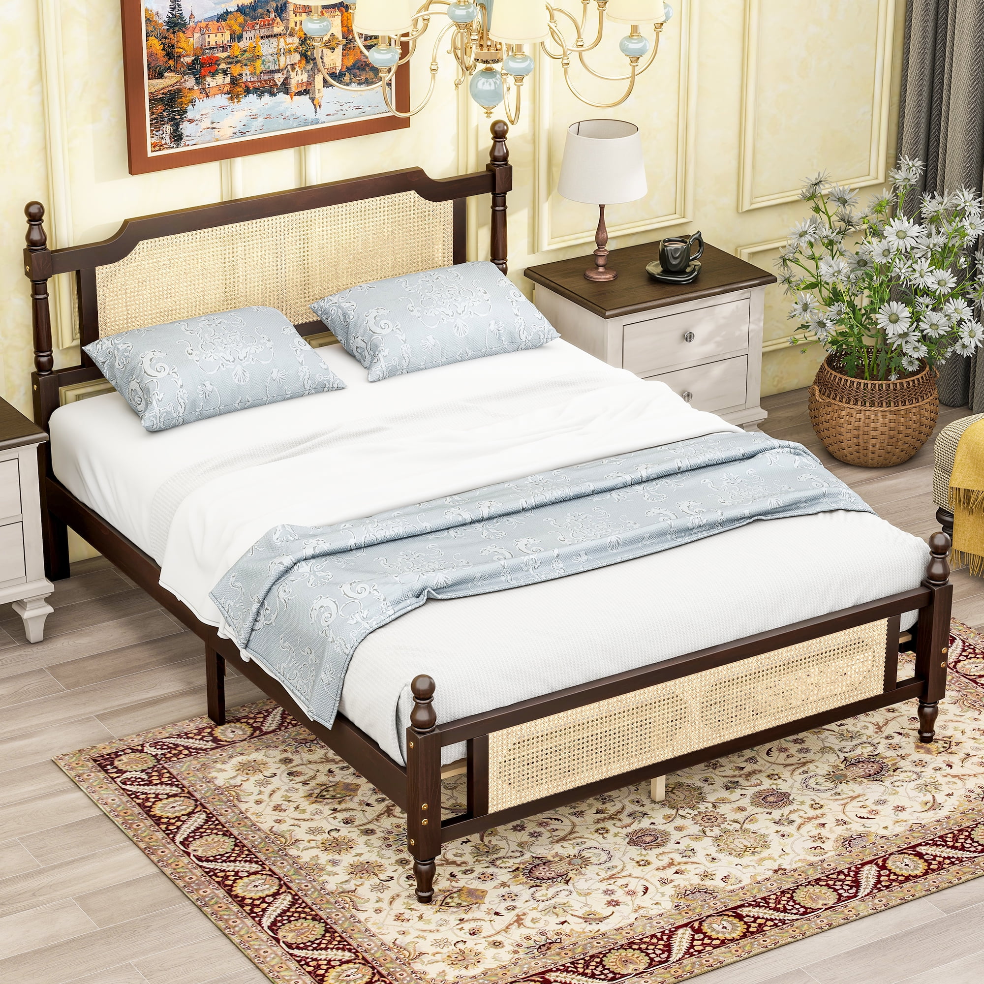 Sailvan Queen Pine wooden Bed with Rattan Headboard and Footboard, Central Enhanced Bed Platform