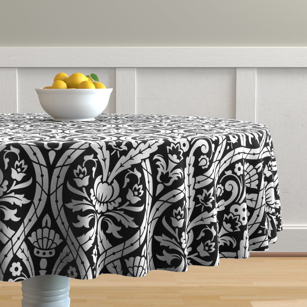 Round Tablecloth Arts And Crafts Black White Damask Medieval Cotton Sateen