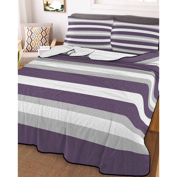 Purple Grey Stripe Twin Size Down Alternative Comforter, Lightweight Comforter Quilt Bedding Set with Pillow Shams Minimalist Farmhouse Striped All Seasons Bed Comforter Duvet Insert 68"x86"
