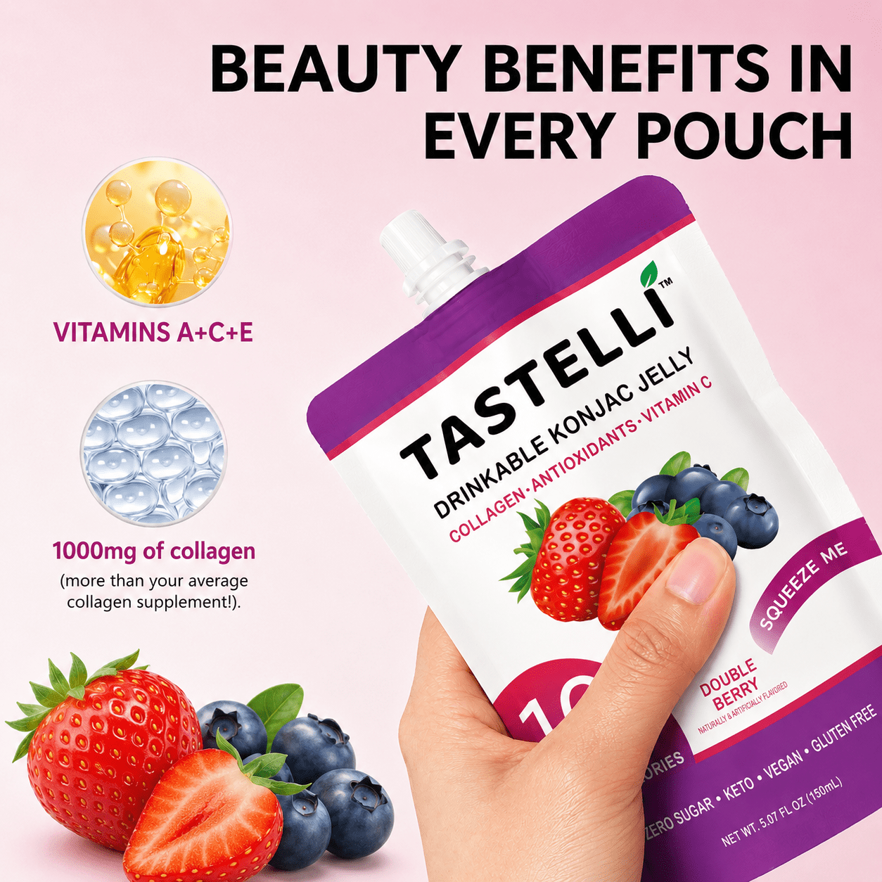 Tastelli Double Berry Konjac Jelly Infused with Collagen | Gluten Free, Sugar Free, Low Calorie | Vegan Drinkable Fruit Jelly Snack  | 10 Pouches
