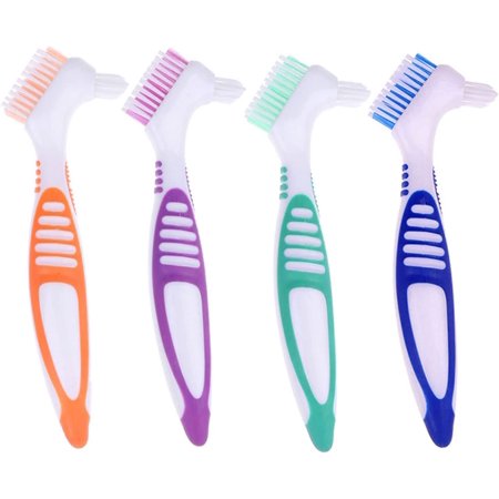 4 Pieces Denture Cleaning Brush Double Sided Denture Toothbrushes Portable False Teeth Brush, 4 Colors (WEP-247O)