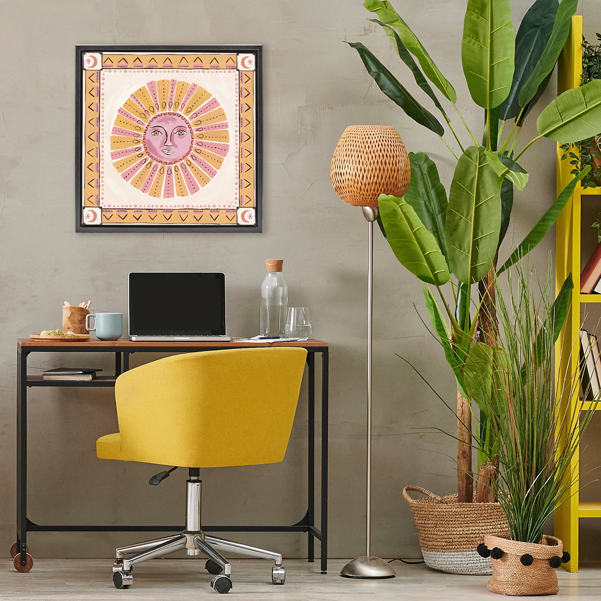 Stupell Industries Pink Sun Face with Geometric Border Black Framed Floater Canvas Wall Art, design by Two If By Sea Studios