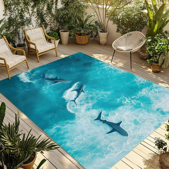 Fsddascl Teal Blue Ocean Shark Outdoor Rug for Patio/Deck/Porch, Non-Slip Large Area Rug 4 x 6 Ft, Coastal Wave Summer Beach Indoor Outdoor Rugs Washable Area Rugs, Reversible Camping Rug Carpet