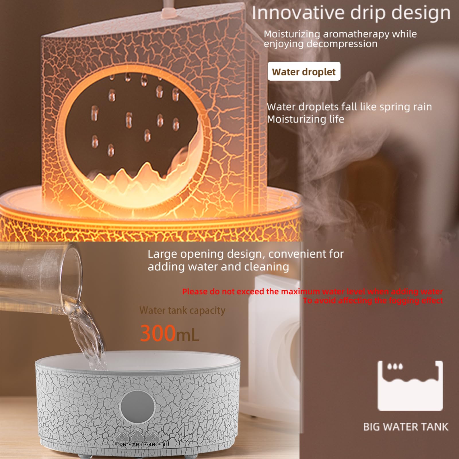 Aromatherapy Raindrop Diffuser & Humidifier, 3-in-1 Essential Oil Diffuser with 3 Color Changing Lights, 4 Timer Modes & Auto-Off, 300ml Quiet Ultrasonic Cool Mist Humidifier for Home, Office, Desk