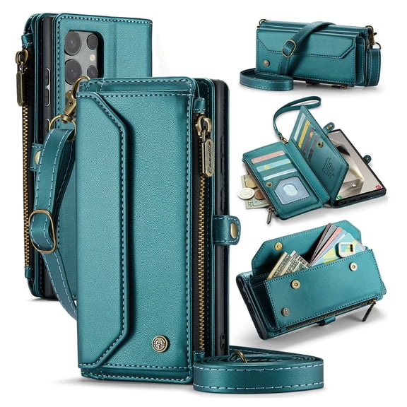 Compatible with Samsung Galaxy S24 Ultra Rugged PU Leather Wallet Case, Card Slots Zipper Pocket Lanyard Crossbody Strap Kickstand RFID Blocking Full Body Protection Cover for S24 Ultra, Green