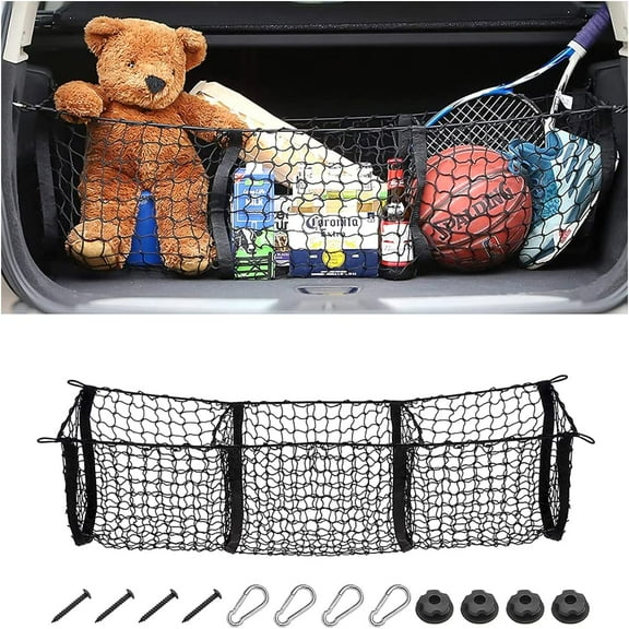 Cargo Net for Car, Expandable 3 Pocket Heavy-Duty Cargo Net Organizer, Black Mesh Storage Pocket with 4 Metal Carabiners Universal for Car, SUV, Pickup Truck, Van Trunk Bed