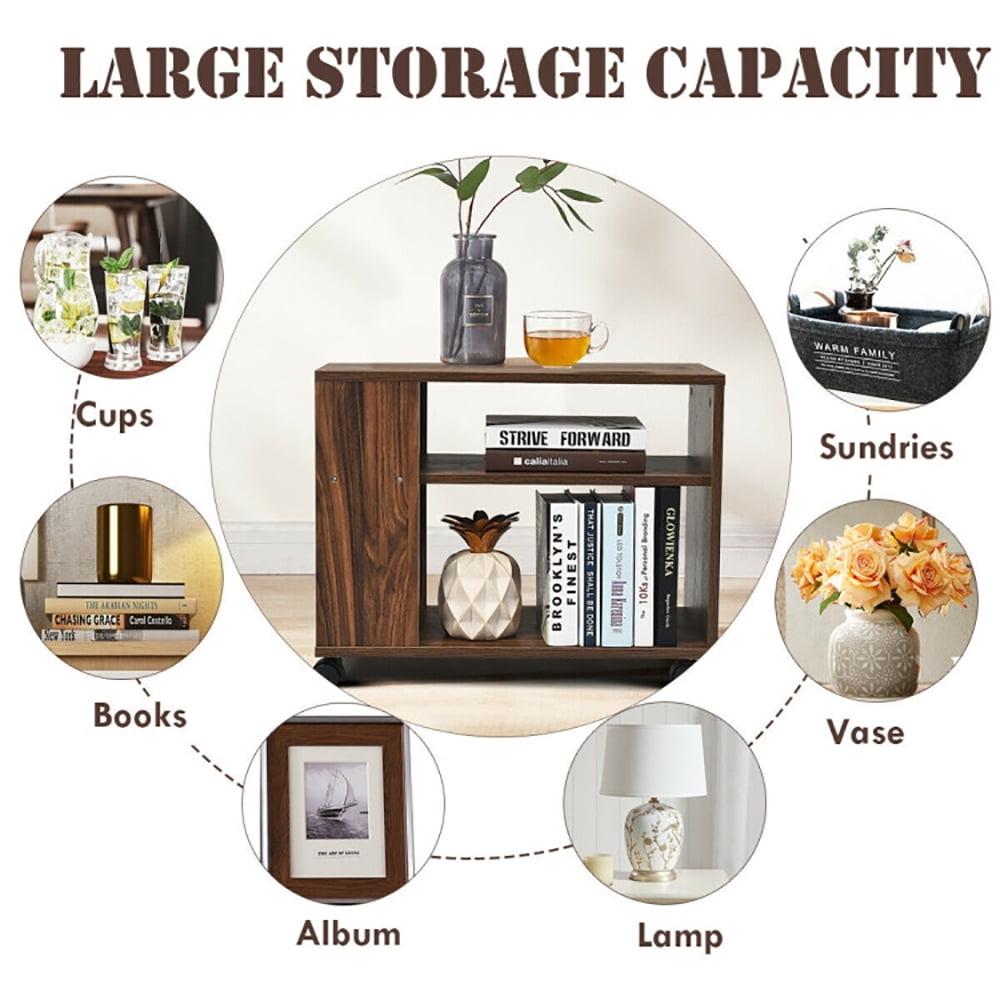 Finihen Side Table, Multifunctional 3-Tier Side Table with Wheels and Large Storage Shelf, for Living Room, Bedroom, Brown