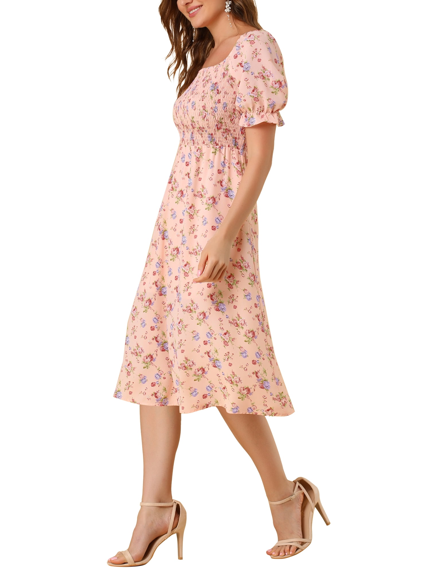 DARING DIVA Square Neck Puff Sleeves Smocked Waist Midi Floral Dres L Pink