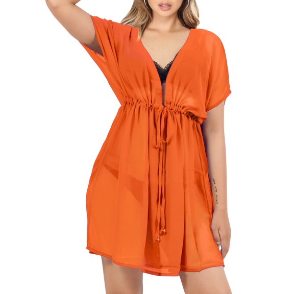 HAPPY BAY Women's Beachwear Summer Swim Beach Cover ups for Swimwear Bikini Sheer Chiffon Cover up V Neck Dress Bathing Suit Swimsuit Coverups for Women XL-XXL Solid Plain, Orange