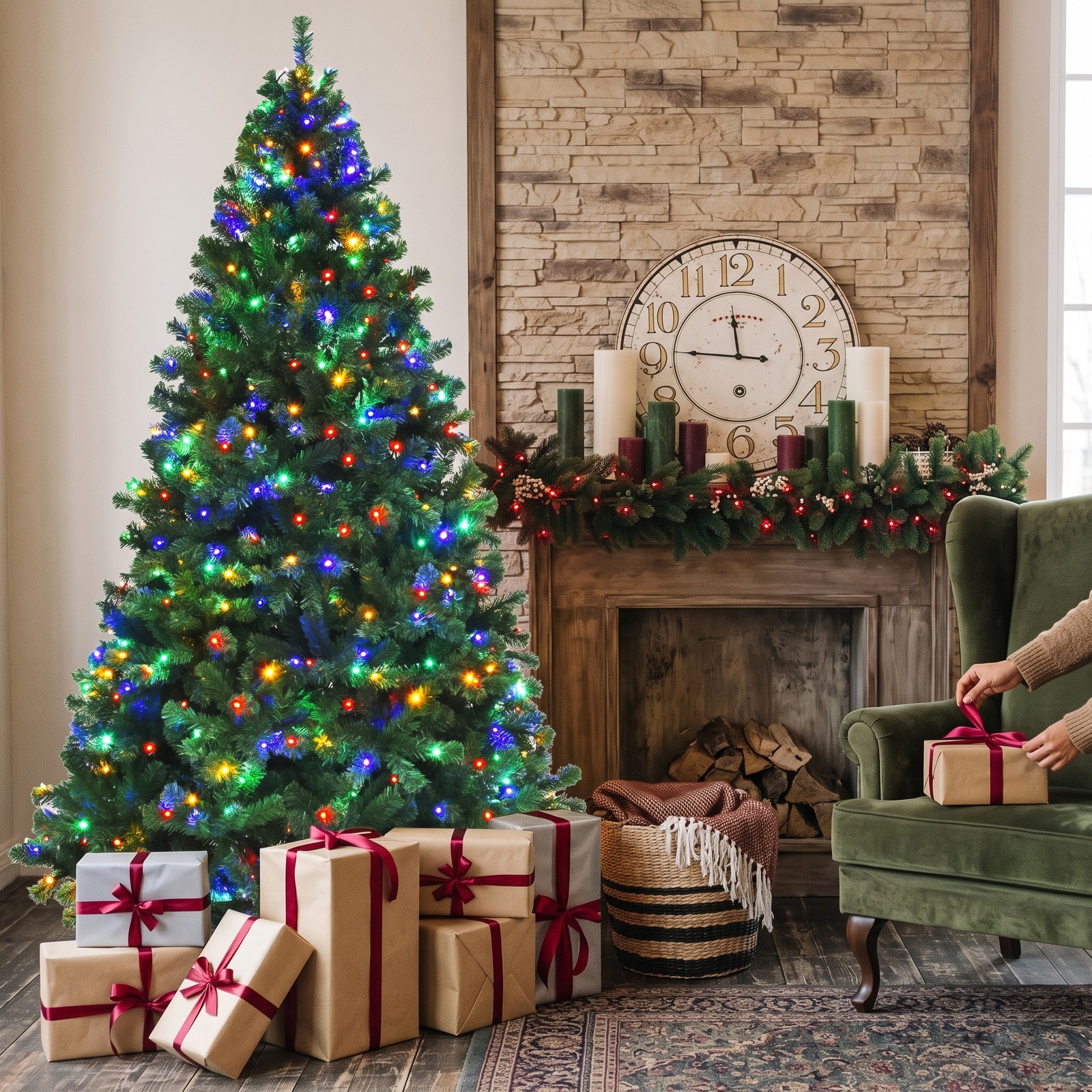 RUIE 7.5 FT Pre-Lit Artificial Spruce Christmas Tree with 550 Multicolor LED Lights and 1075 Branch Tips, Auto-Spread Metal Stand for Indoor Holiday Festival, Green