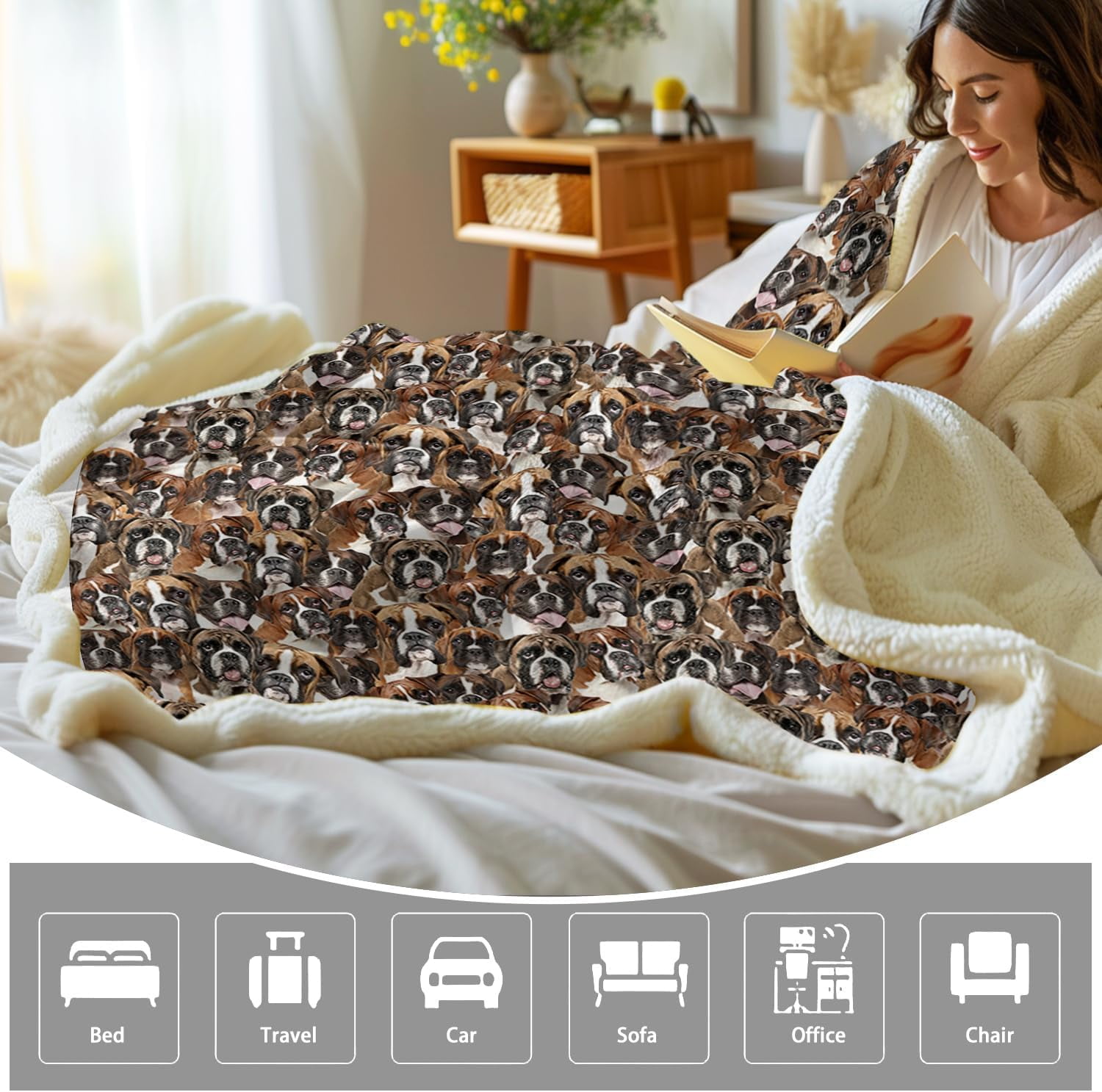 Boxer Blankets Super Soft Fuzzy Dogs Blanket for Kids Adults Cute Puppy Fleece Blanket Reversible Animal Brown Sherpa Throw Thick Lightweight Cozy Plush Blankets (White Boxer,Twin,60"x80")