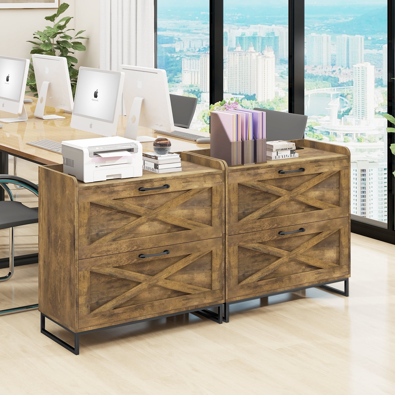 Lateral File Cabinet 2 Drawer File Cabinet with Charging Station for Legal/Letter/A4 Size Hanging Files, Large Wood File Storage Cabinets Printer Stand for Home Office Furniture, Rustic Brown