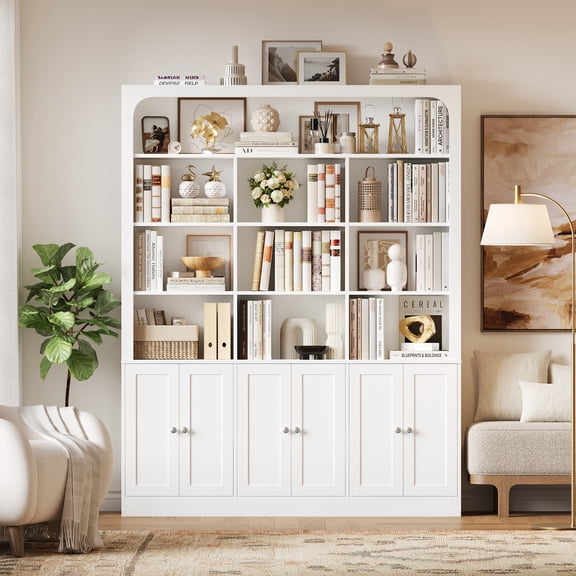 Hiphuta 71" Tall 4-Tier Bookcase with 10 Open Cubes, 56" Wide Extra Large Display Bookshelf with 4 Doors, for Living Room Home Office, White