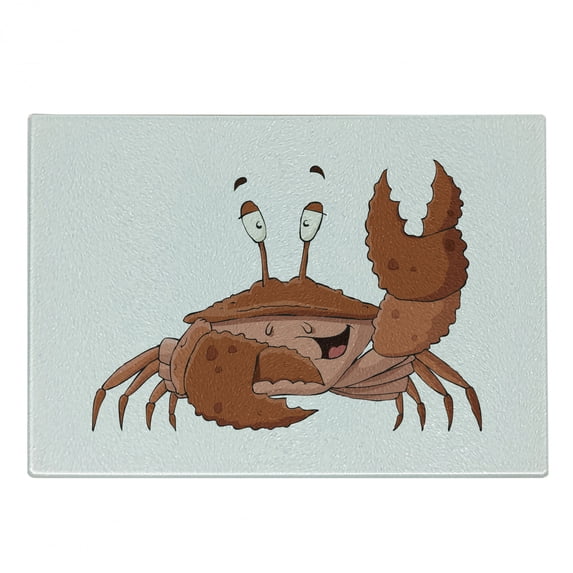 Crabs Cutting Board, Friendly Chela Arthropod Waving His Nipper Greeting with a Big Smile Funny Creature, Decorative Tempered Glass Cutting and Serving Board, Small Size, Brown Coral, by Ambesonne