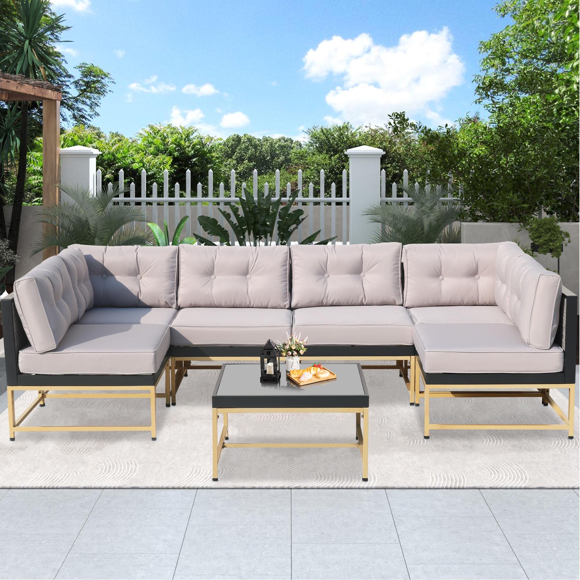 Patio Outdoor Furniture Sets, 7 Pieces All-Weather Rattan Sectional Sofa with Tea Table and Cushions, PE Rattan Wicker Sofa Couch Conversation Set for Garden Backyard Poolside - image 3 of 11