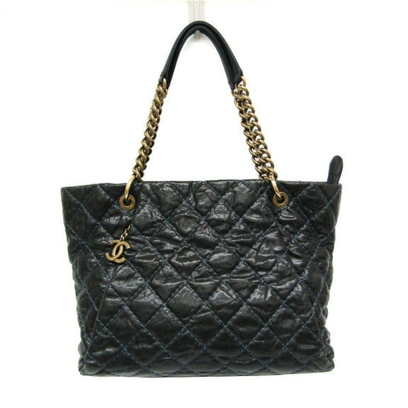 Pre-Owned Chanel Matelasse Chain Women's Grained Calfskin Tote Bag Black,Navy (Good)
