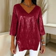 thumbnail image 2 of Sexlip Womens V Neck Blouse 3/4 Sleeve Sequin Design Shiny Fabric Flowy Silhouette for Evening Occasions Red M, 2 of 6