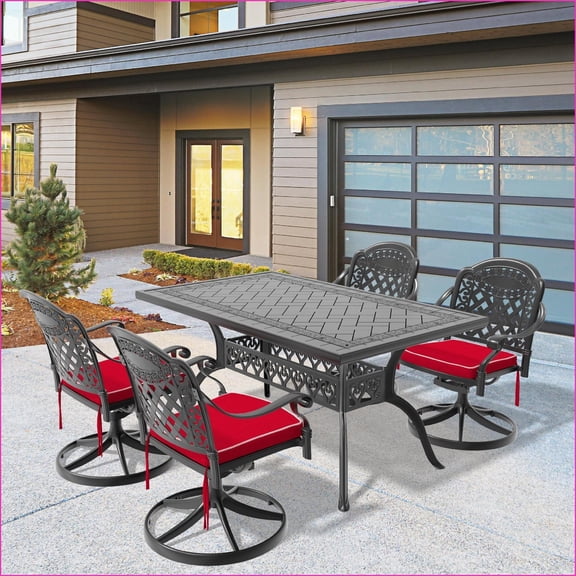 Patio Dining Set 5-Piece, All-Weather Cast Aluminum with 4 Swivel Chairs & Rectangular Table | Black | Aluminum