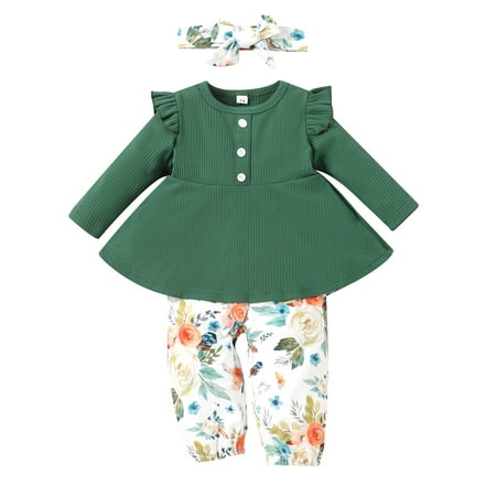 

Canrulo Newborn Baby Girls Fall Spring Outfits Long Sleeve Ribbed Knit Tops Floral Pants Headband Clothes Green 12-18 Months