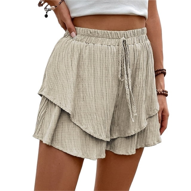 Pantalones cortos fluidos for mujer, falda pantalón estilo bohemio con volantes y mariposas, cintura alta, tela texturizada, doble capa, Color sólido, informal