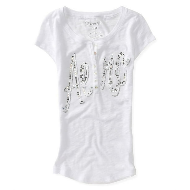 Camiseta henley de Manga corta Aeropostale con diamantes de imitación para mujer color blanco mediano