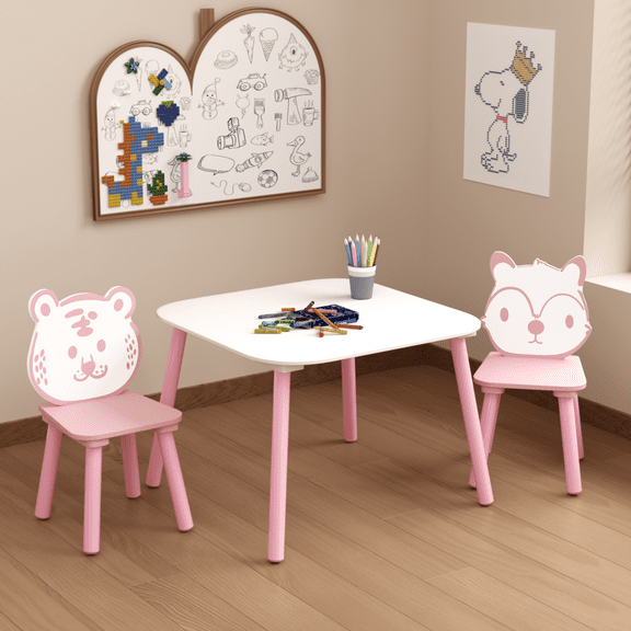 Yoneston Kids Table and Chairs Set, Wooden Cute Toddler Activity Table with 2 Animal Chairs for Drawing, Learning, Playing, Pink&White