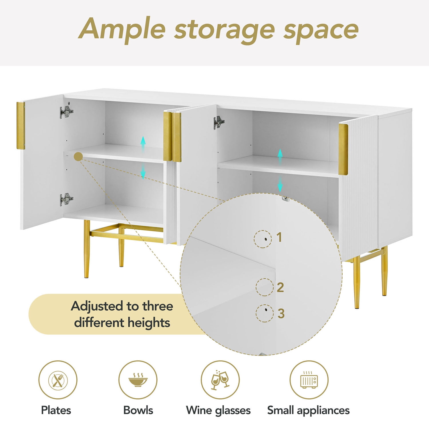 Kepooman 60" 4 Doors Buffet Cabinet, Storage Sideboard Buffet Cabinet with Gold Metal Handle for Living Room, White Kepooman 60" 4 Doors Buffet Cabinet, Storage Sideboard Buffet Cabinet with Gold Metal Handle for Living Room, White