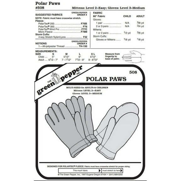 Polar Paws #508 For Adults and Children Gloves Mittens Sewing Pattern (Pattern Only)
