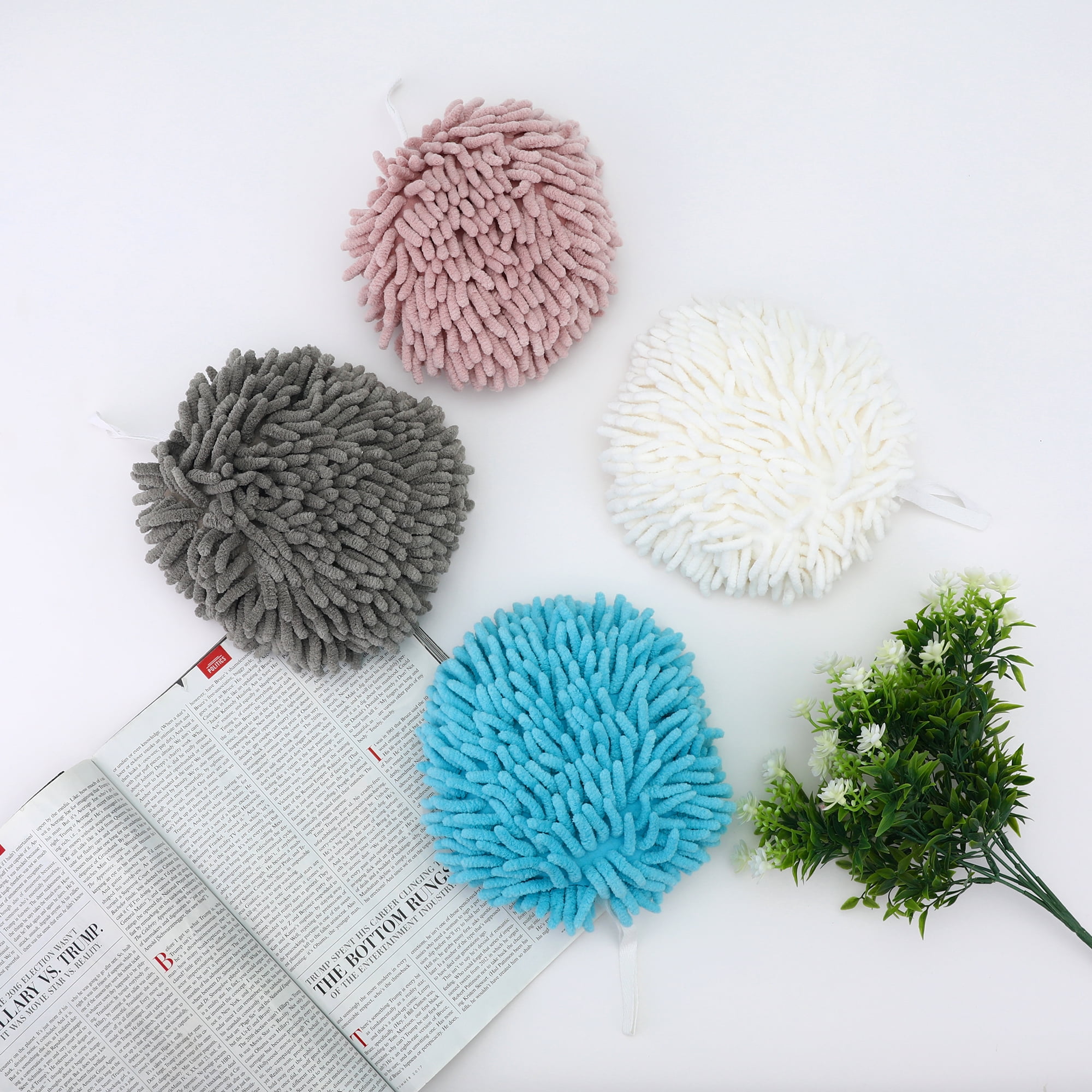 NOMADIC NOOK Soft Absorbent Fluffy Chenille Ball Hand Towels, Set of 4 Fuzzy Decorative Towel with Wall Hook for Bathroom Blue/Orange 6" x 6"
