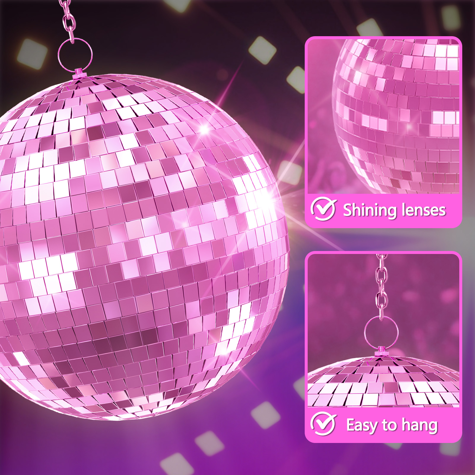 Baellsa 16" Mirror Disco Ball for DJ Club Party Live Stage Wedding Home Decor, Light Effect Mirror Ball with Hanging Ring (Pink)